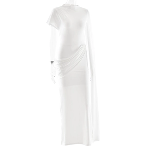 Detail of the white fitted maxi dress featuring elegant pleated drape and round neckline