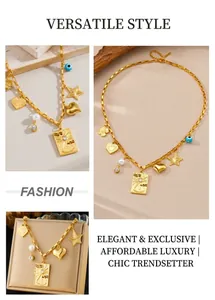 Detail of gold-plated square link necklace with sun, heart, star, and blue eye charms