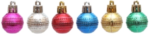 Macro view of six textured Christmas ball ornaments with geometric patterns and hanging loops