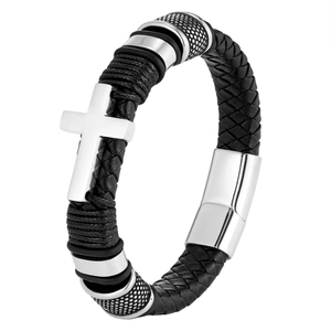 Bracelet en cuir tressé avec pendentif croix argentée et fermoir magnétique style punk