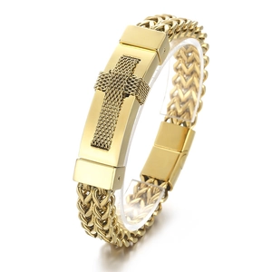 Hip hop style gold braided cross bracelet in polished stainless steel for men