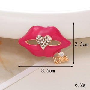 Pink glittery lip brooch with heart rhinestone and gold Kiss charm DIY accessory