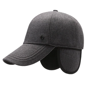 Winter dark grey wool baseball cap for men with warm ear flaps and thick lining