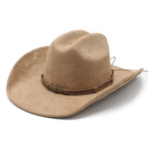 Classic tan suede western cowboy hat with leather rope and metal skull decoration