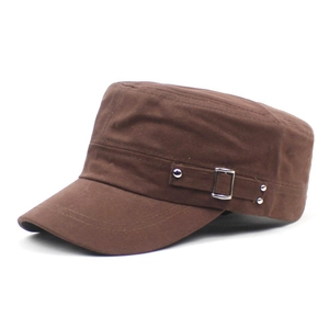 Men's dark brown cotton cadet cap with side metal buckle detail on white background