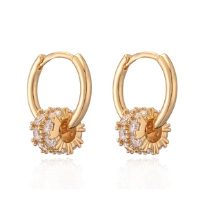 Polished 18K gold-plated hoop earrings with micro-pave zircon charms on white background