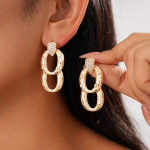 Vintage Geometric Double Oval Hoop Earrings Hammered Alloy Zircon Jewelry With 925 Sterling Silver Earring Post