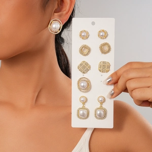 Alloy Imitation Artificial Pearl Rhinestone Stud Earrings With 925 Sterling Silver Earring Post Geometric Vintage Fashion Women