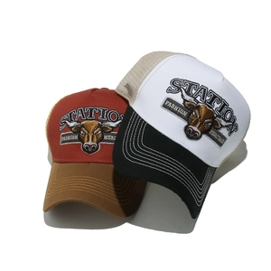 Retro American trucker caps with embroidered bull head design and breathable mesh back