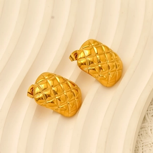 Golden titanium steel stud earrings with geometric quilted pattern for a stylish look