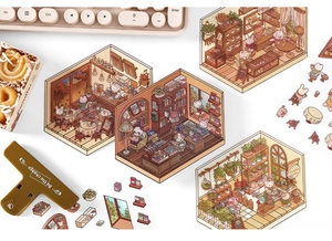 Detailed view of 3D PET cafe and bookstore themed stickers on a warm workspace setting