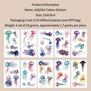 Detailed set of 10 colorful jellyfish waterproof tattoo stickers for kids party