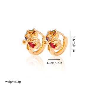 Detail view of gold butterfly earrings with colorful zircon stones and dimension labels