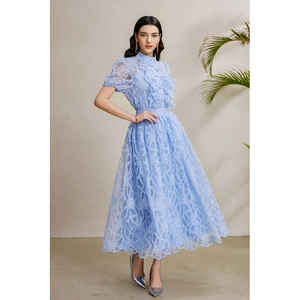 Light blue lace midi dress with ruffled stand collar and elegant puff sleeves for women
