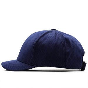 Side view of dark blue breathable mesh baseball cap with short brim and adjustable strap
