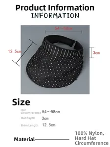 Detailed sizing chart for black sun visor hat featuring rhinestone mesh and nylon fabric