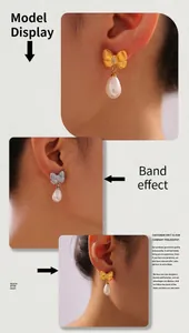 Detail of gold and silver bow drop earrings with pearls on model from three angles