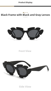 Detailed close-up of flower shaped sunglasses with black frames and dark grey lenses