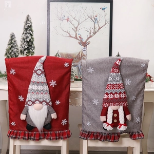 Christmas Chair Back Cover 3D Gnome Faceless Doll Linen Nonwoven Fabric Snowflake Plaid Ruffles Holiday Dining Party Decor