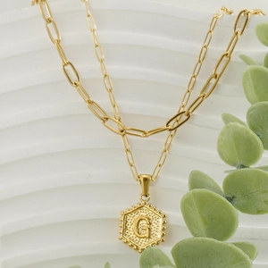 18K gold double layer stainless steel necklace featuring a hexagonal G initial pendant