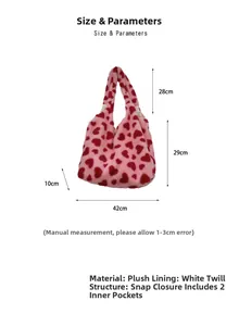 Pink plush heart tote bag details with dimensions, handle height, and snap closure