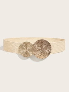 Close-up of beige woven elastic belt with golden double disc buckle for dresses