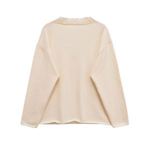 Detail of the elegant beige wool blend knit sweater featuring delicate lace collar trim