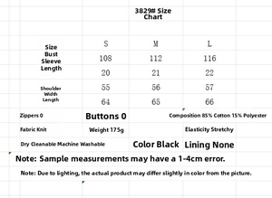 Detailed size chart for black cotton T-shirt with measurements for S, M, and L sizes