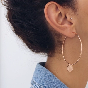 Fashionable S925 silver needle large hoop earrings with rose gold embossed round pendants