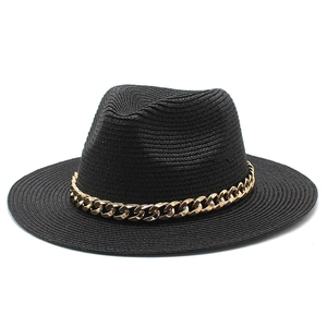 Classic black straw fedora sun hat with a decorative gold metal chain for outdoor wear