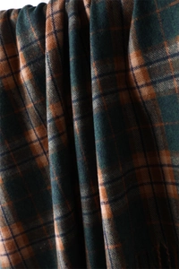 Close-up of soft green and brown plaid fabric texture with fringe detail on the scarf