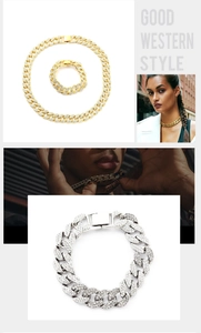 Detail view of 15mm Cuban link necklace and bracelet set with iced-out rhinestones