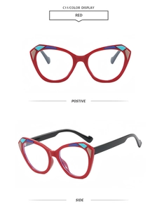 Detailed front and side views of fashionable red cat-eye oversized sunglasses C11
