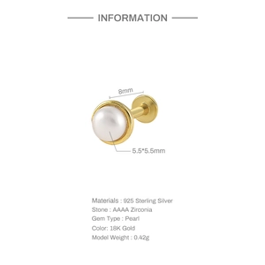 Detailed view of S925 sterling silver pearl ear stud with 18K gold plating and sizing specs
