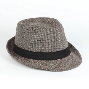 Detail of tweed style woven fedora featuring a classic black decorative ribbon band
