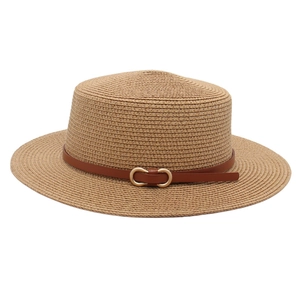 Flat top straw boater hat with dark brown leather belt buckle and wide sun protection brim