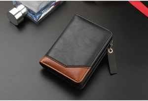 Men's retro bi-fold leather wallet with zipper in black and brown two-tone design