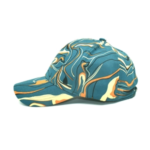 Detailed side view of baseball cap featuring colorful marble texture and curved brim
