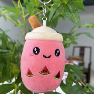 Pink bubble tea plush keychain with cute embroidery and metal chain accessory