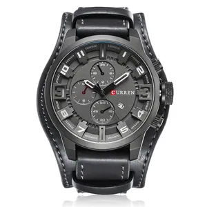 Mens multi-function quartz chronograph watch with dark grey metal case and black leather strap