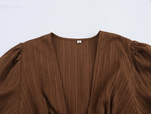 Detail of V-neckline and size S label on brown smocked crop top with puff sleeves