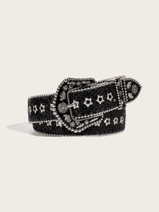 Detail of black belt with silver star rivets and embossed buckle for women