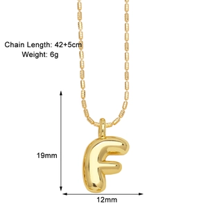 Detailed bubble initial F pendant dimensions with golden beaded chain and adjustable length