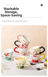 Stackable ceramic mugs with hand-painted floral patterns and unique twisted handles