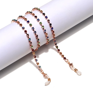 Rose gold eyeglass chain with colorful crystals and non-slip silicone loops for glasses