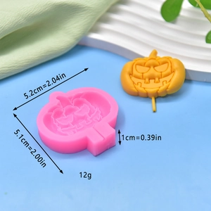 Halloween pumpkin silicone mold for DIY baking with dimensions and finished sample