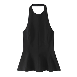Sexy black halter neck crop top with ruffled hem and slim fit for women's casual fashion