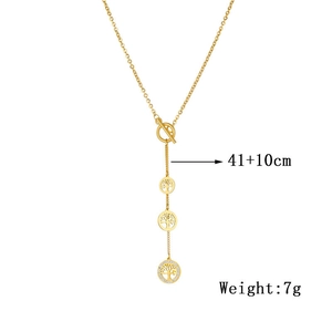 Gold-plated tree of life necklace with zircon pendants and T-bar clasp on white background