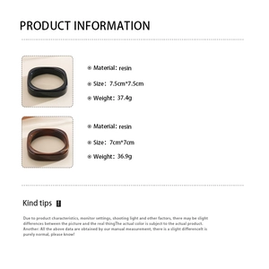 Product specification detail for square resin bangles in black and tortoiseshell