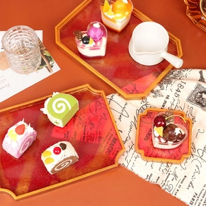 Chinese style red resin tray set with gold edges and glitter for home storage